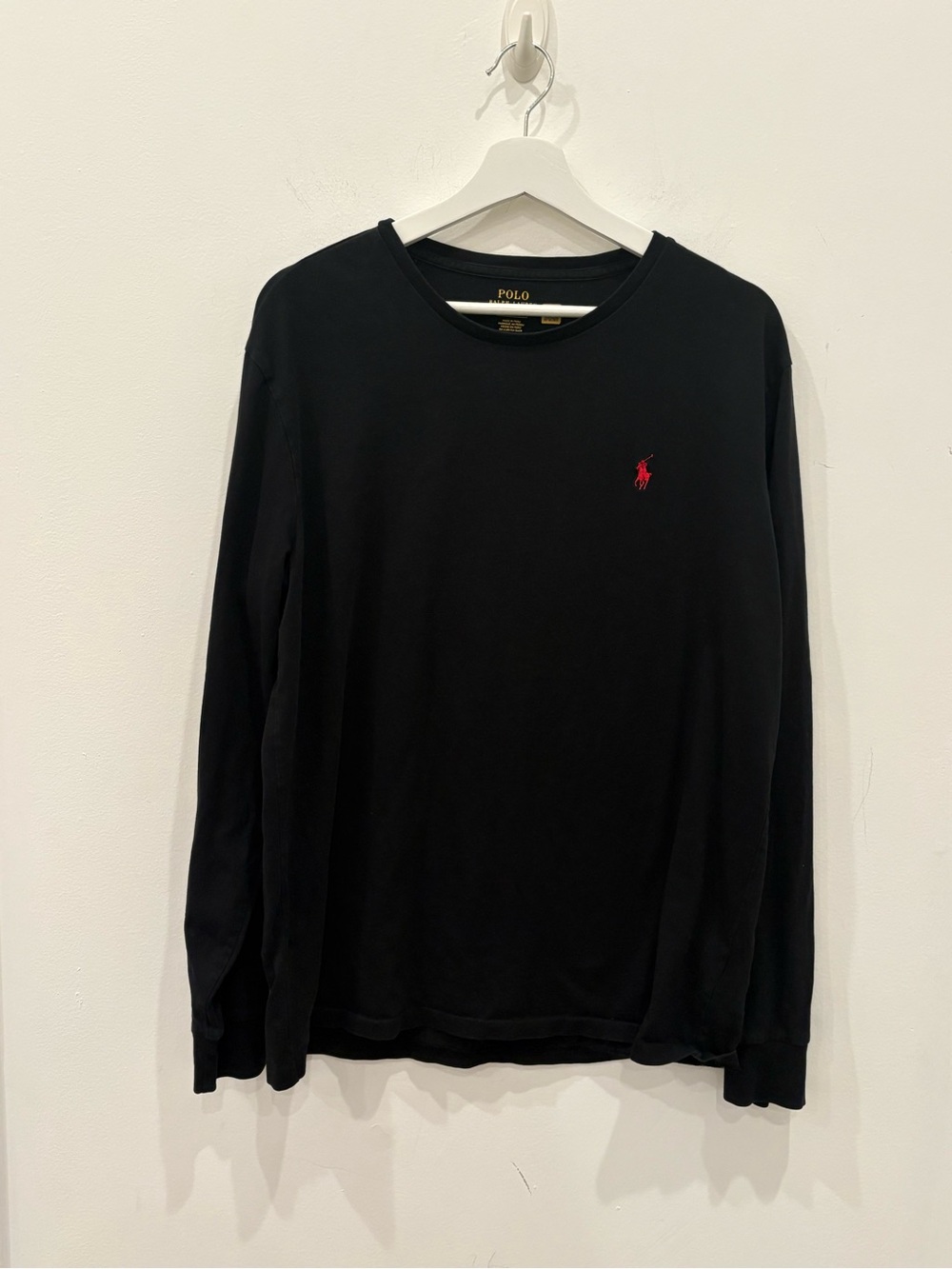 Polo by Ralph Lauren Black Long-Sleeve Crewneck Shirt Red Pony Logo sz L classic